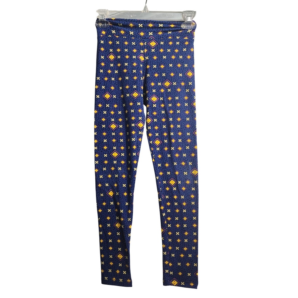LuLaRoe Tween Leggings Blue Yellow Geometric Diamond Print Buttery Soft Stretch